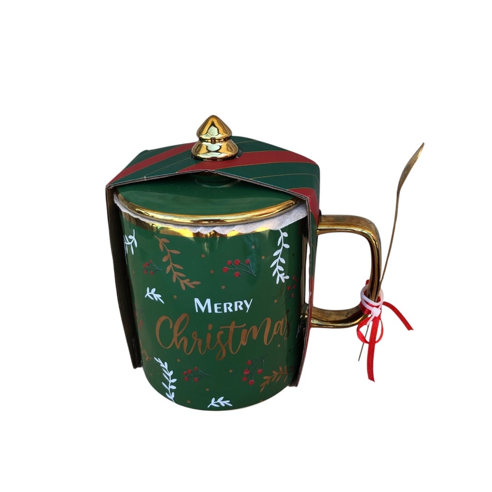 Home Essentials 3 PCs Merry Christmas Mug Lid Spoon Ceramic Green‎ Gold Gift Set